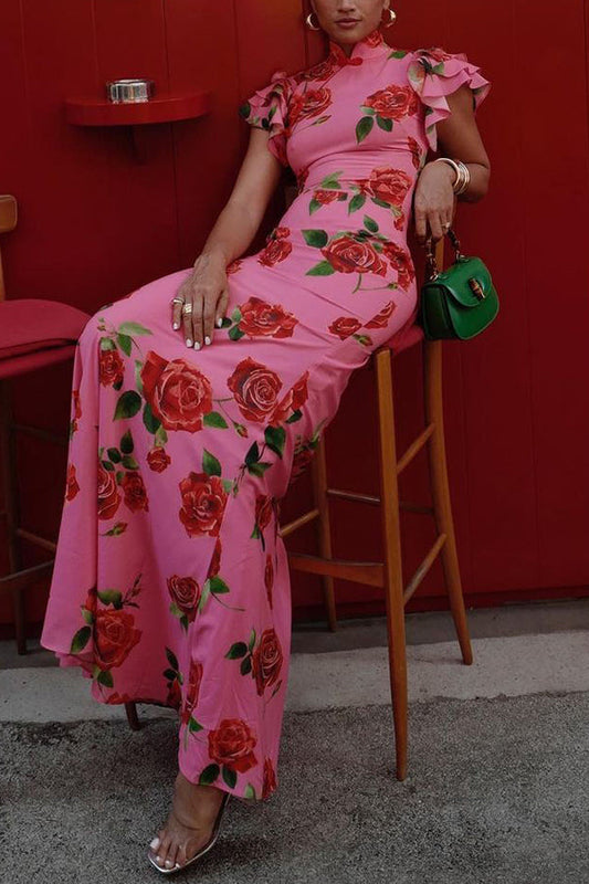 🎉Oferta especial 66% de descuento🥳Vestido largo elástico con mangas acampanadas y estampado floral de rosas estilo cheongsam